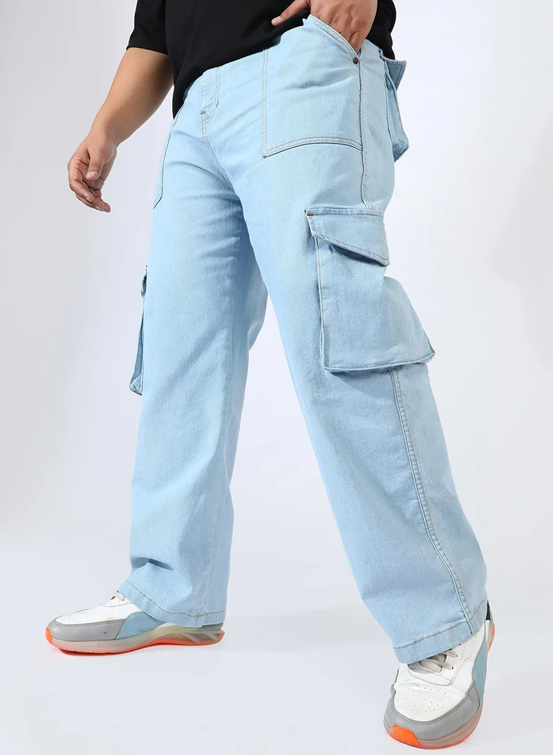 انستافاب بلس Men's Light Blue Utility Cargo Denim Jeans For Casual Wear | Mid-Rise | Straight Fit | Button Closure | Plus-Size Denim Jeans Crafted With Comfort Fit For Everyday Wear